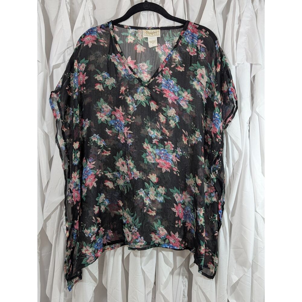 Passport Y2K Sheer Floral Caftan Blouse Medium Black Pink Whimsigoth Boho V-Neck